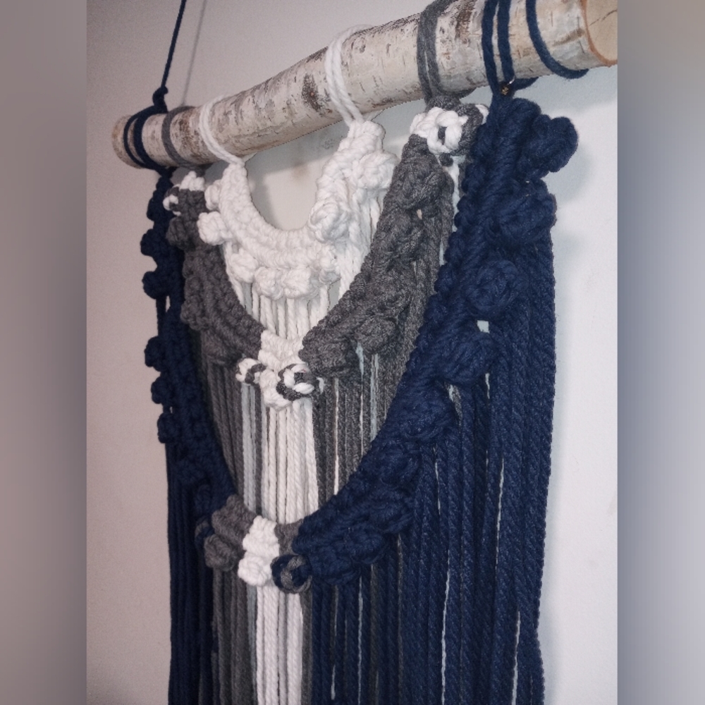 💙🩶🤍 Handmade Birch Wood Macrame Wall Hanging deco home decoration